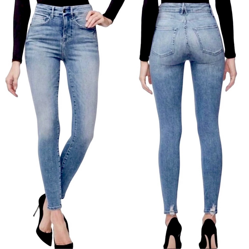 Good American Good Waist Skinny Stretch Denim Distressed hem jeans sz 4